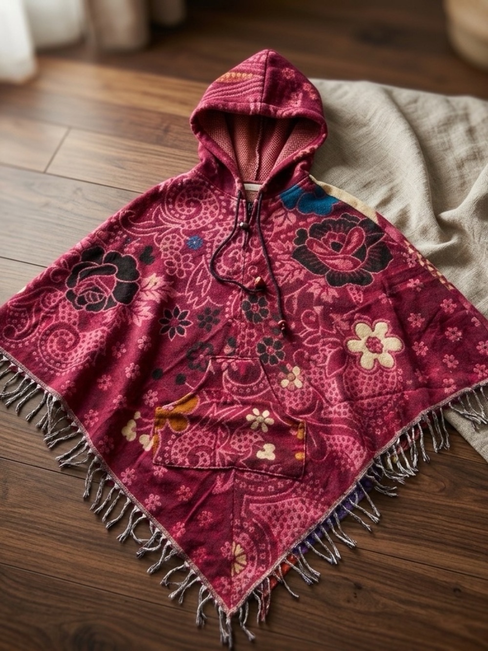Plum Floral Hooded Poncho with Fringe - Unbranded